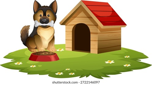 Pastor alemán de la historieta que sostiene el hueso, sentado cerca de la casa del perro y el tazón de la comida en el remiendo herboso