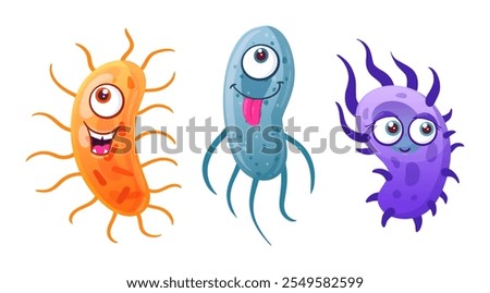 Cartoon germs characters. Funny bacteria, microbes and viruses with facial emotions flat vector illustration set. Cute microbes and viruses mascots