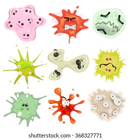 Cartoon Germs, Virus And Microbes/
Illustration of a cartoon set of various funny microbes, germs, virus, amoeba and other scrimpy microscopic creatures