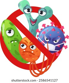 Cartoon germs and viruses with angry expressions are blocked by a large red prohibition symbol, representing the concept of preventing infections