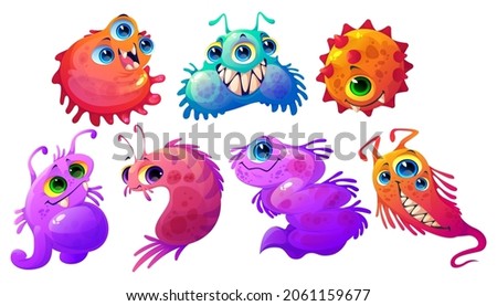 Cartoon germs, viruses, microbes and bacteria vector characters. Cute germs with funny faces, colorful cells with teeth and tongues. Smiling pathogen monsters with big eyes and outgrowths isolated set