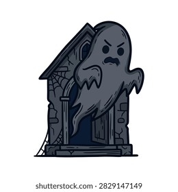 A cartoon ghost with an angry expression floats out of a dilapidated haunted house doorway, with cobwebs and dark atmosphere.