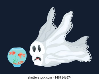 cartoon ghost and aquarium with fish bright illustration
