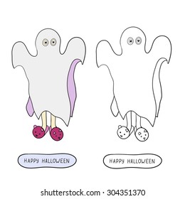 Cartoon ghost in bedspread on white background. Can be used for coloring. Vector illustration. EPS 10. 