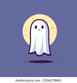 Cartoon ghost with big Moon. Flying haunted. Cute funny happy spirit icon. Spook logo. Halloween phantom design vector illustration. Magic scary spirit. Halloween Promotion Poster, banner. Flat style