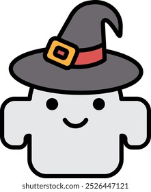 A cartoon ghost with a black hat and a red and orange belt. The ghost is smiling and he is happy