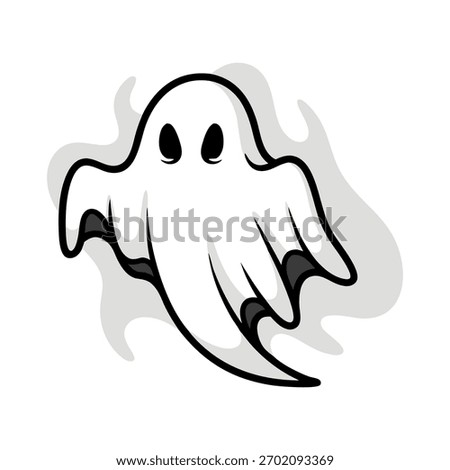 A cartoon ghost with a black outline and a grey shadow, perfect for Halloween decorations and spooky designs.