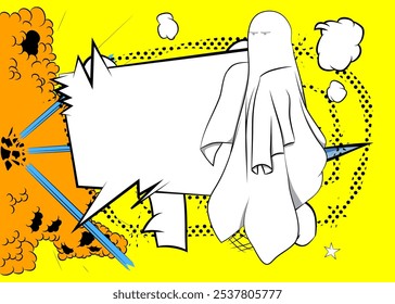 Cartoon Ghost with blank speech bubble, comic book Halloween background. Retro vector comics pop art design.