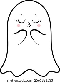 Cartoon ghost blowing a kiss with closed eyes and pink cheeks, simple and cute design perfect for Halloween projects, greeting cards, stickers, and apparel