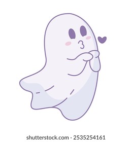 Cartoon ghost blowing a kiss with heart shape, Vector