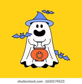 Cartoon ghost in a blue witch hat holding a pumpkin bucket surrounded by flying bats in hand drawn illustration vector for Halloween-themed designs, party invites, or seasonal content