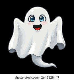 Cartoon Ghost Character Floating with Adorable Eyes and Open Mouth against a Plain Black Background Spreading Halloween Cheer