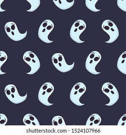 Cartoon ghost character on blue backdrop. Halloween seamless pattern for fabric, wallpaper, wrapping paper. Vector design.