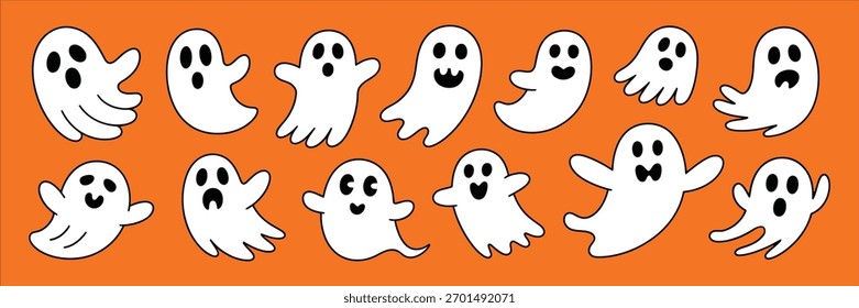 personagens fantasmas de desenho animado com expressões divertidas no fundo laranja