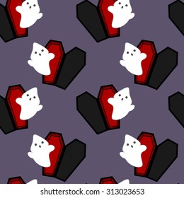 cartoon ghost and coffin Halloween seamless vector pattern background illustration