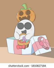 Cartoon ghost coming out from inside a box with A Pumpkin Character on its head while holding a basket full of candies.