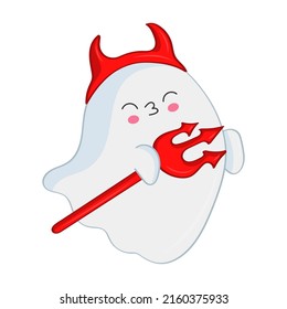 Cartoon ghost in a devil costume. Vector Halloween illustration. Cute little illustration Halloween ghost for kids, fairy tales, covers, baby shower, textile t-shirt, baby book.