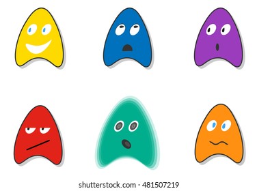 Cartoon ghost drops almost flat. Set of funny arrows with emotions.