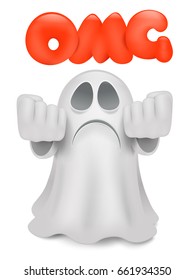 Cartoon ghost emoji character wit omg title. Vector illustration.