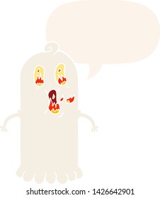 cartoon ghost with flaming eyes with speech bubble in retro style