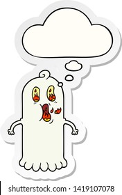 cartoon ghost with flaming eyes with thought bubble as a printed sticker