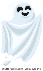 Cartoon ghost floating cheerfully in a white sheet, smiling and enjoying a Halloween party with a playful, spooky expression, embodying the fun spirit of the festive night