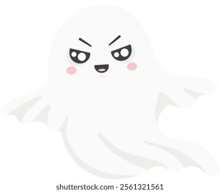 Cartoon ghost floating with a mischievous expression, ideal for Halloween projects, greeting cards, or spooky decorations, isolated on white background