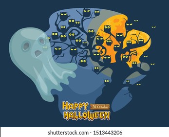 Cartoon ghost and full moon night background. Concept cartoon Halloween day elements. Vector clipart illustration for holiday cards and banners