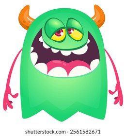 Cartoon ghost with funny excited face expression waving hands . Vector illustration isolated on white. Halloween design.