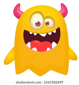 Cartoon ghost with funny excited face expression waving hands . Vector illustration isolated on white. Halloween design.