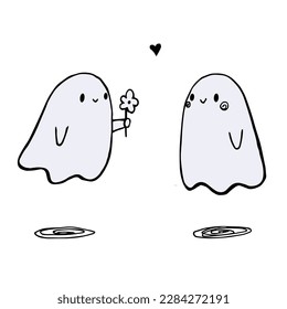 Cartoon of a ghost giving a flower to another ghost.
