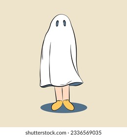 Cartoon ghost. Halloween ghost. Halloween Little Boy in Ghost Costume. Vector illustration.
