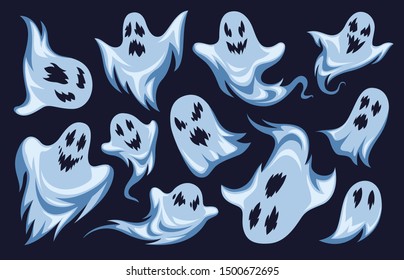 Cartoon ghost. Halloween night holiday characters. Creepy funny frightening spooky boo phantoms, mystery monsters vector white silhouette of creature set