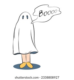 Cartoon ghost. Hand drawn sketch of ghost isolated on white background. Halloween ghost Boo. Funny ghost. Vector illustration.