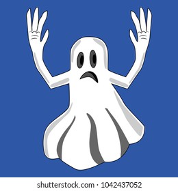 Cartoon ghost with his hands up. Vector illustration on a blue background.
