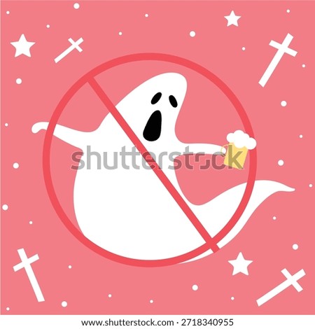Cartoon ghost holding beer, crossed out. Ghost illustration with beer. Pink background with crosses and stars. No beer for the ghost! Halloween background vector illustration.