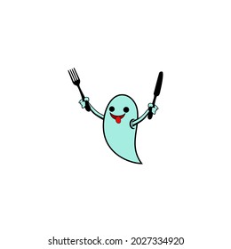 cartoon ghost holding knife fork