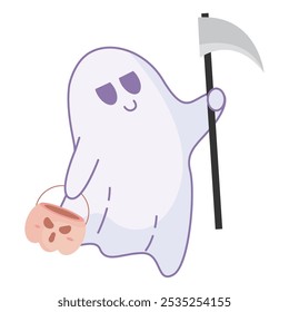 Cartoon ghost holding scythe and pumpkin bucket, Vector