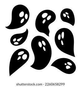 Cartoon ghost icons set for Halloween celebration. Black flying ghost silhouette hand drawn illustrations. Vector isolated on white background.