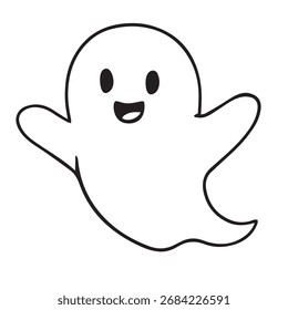 Cartoon ghost illustration features a cheerful expression, floating playfully, ideal for Halloween decorations, children's books, and festive designs, evoking a fun atmosphere