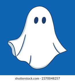 Cartoon ghost on blue background. Hand drawn symbol of Halloween. Vector illustration