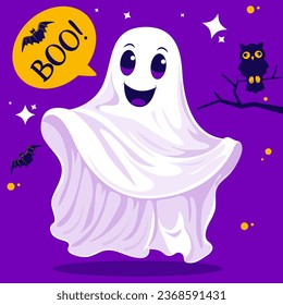 Fantasma de caricatura en invitaciones de fiesta de Halloween o tarjetas de felicitación con símbolos fantasmas y tradicionales. Cara fantasma, fantasma, fantasma, visión, sombra, sombra, alma. Afiche de Halloween feliz, folleto elegante