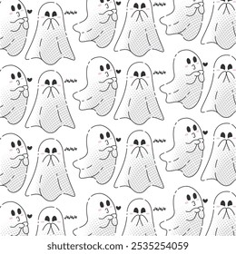 Cartoon ghost pattern with kissing and laughing characters, Vector