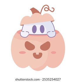 Cartoon ghost peeking out of pumpkin with happy face, Vector