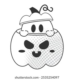 Cartoon ghost peeking out from pumpkin with halftone effect, Vector
