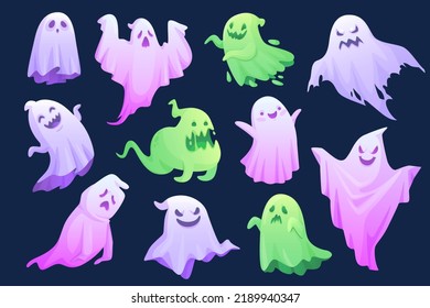 Cartoon Ghost Phantom. Spooky Ghosts Poltergeist Funny Character Of Haunted House Friendly Spirit Seeing Fabric Body Cute Halloween Scary Monster Face Ingenious Vector Illustration Of Ghost Halloween