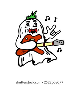 A cartoon ghost playing a guitar, combining spooky and fun elements, perfect for Halloween or music-themed designs.