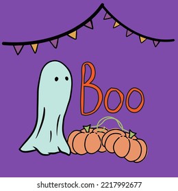 Cartoon ghost and pumpkin ,inscription Boo. Illustration for the holiday of Halloween.There is space for text.
