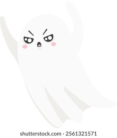 Cartoon ghost raising its hands with an angry expression, floating in isolation against a white background, perfect for Halloween themed projects and spooky celebrations