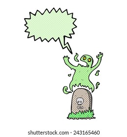 cartoon ghost rising from grave with speech bubble